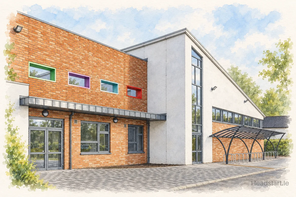 Watercolour illustration of the Scoil Eimhin Naofa building, Monasterevin
