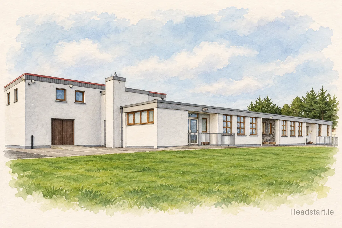 Watercolour illustration of the Scoil Náisiúnta Cor An Droma building, Claregalway