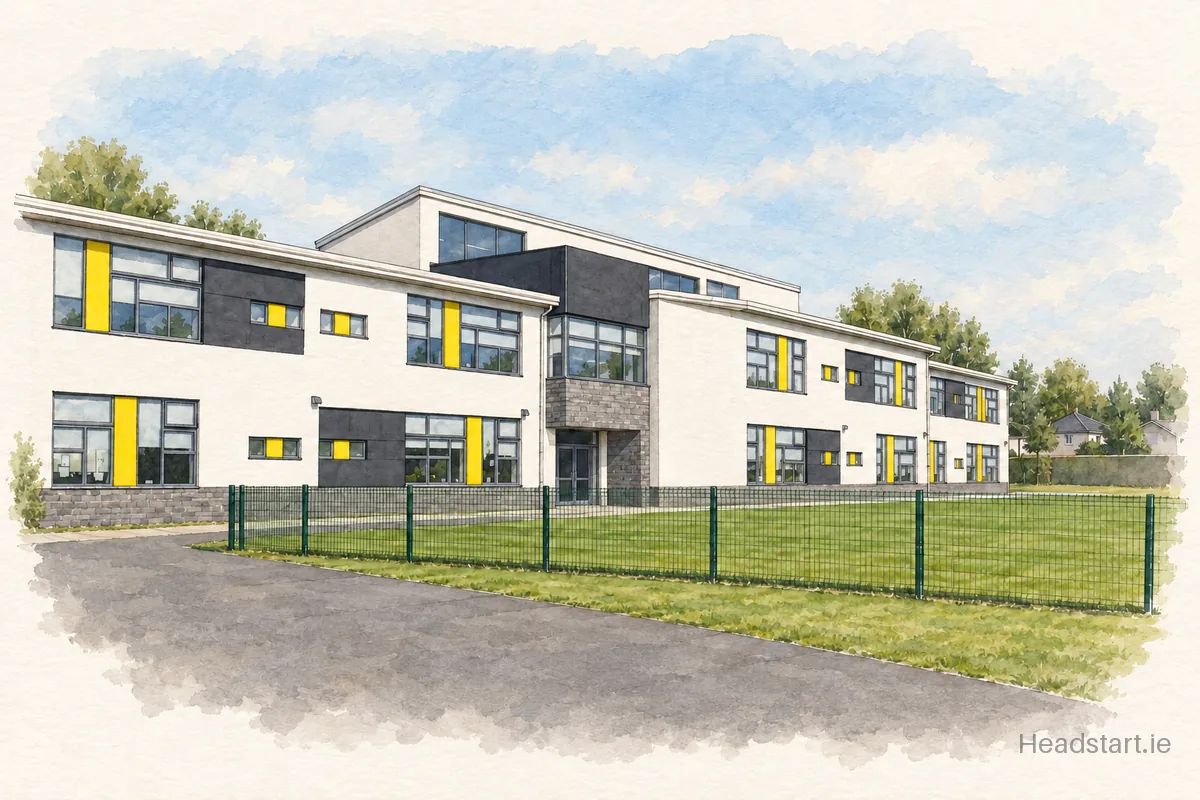 Watercolour illustration of the Rathangan Boys National School building, Rathangan
