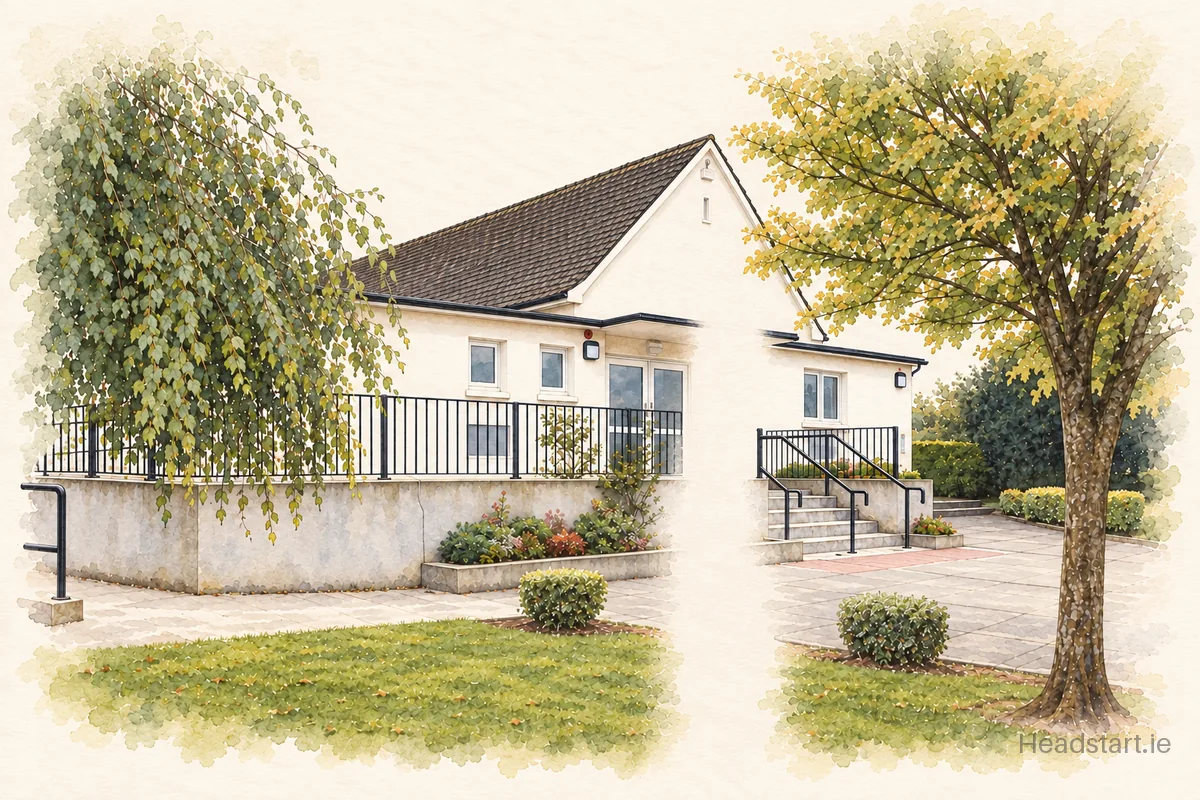 Watercolour illustration of the Scoil Náisiúnta Phadraig Naofa building, Tullow