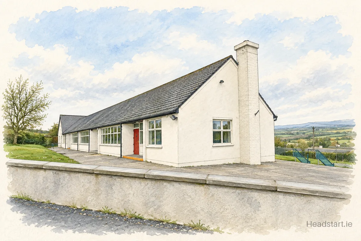 Watercolour illustration of the Skeoughvosteen Primary School building, Kilkenny
