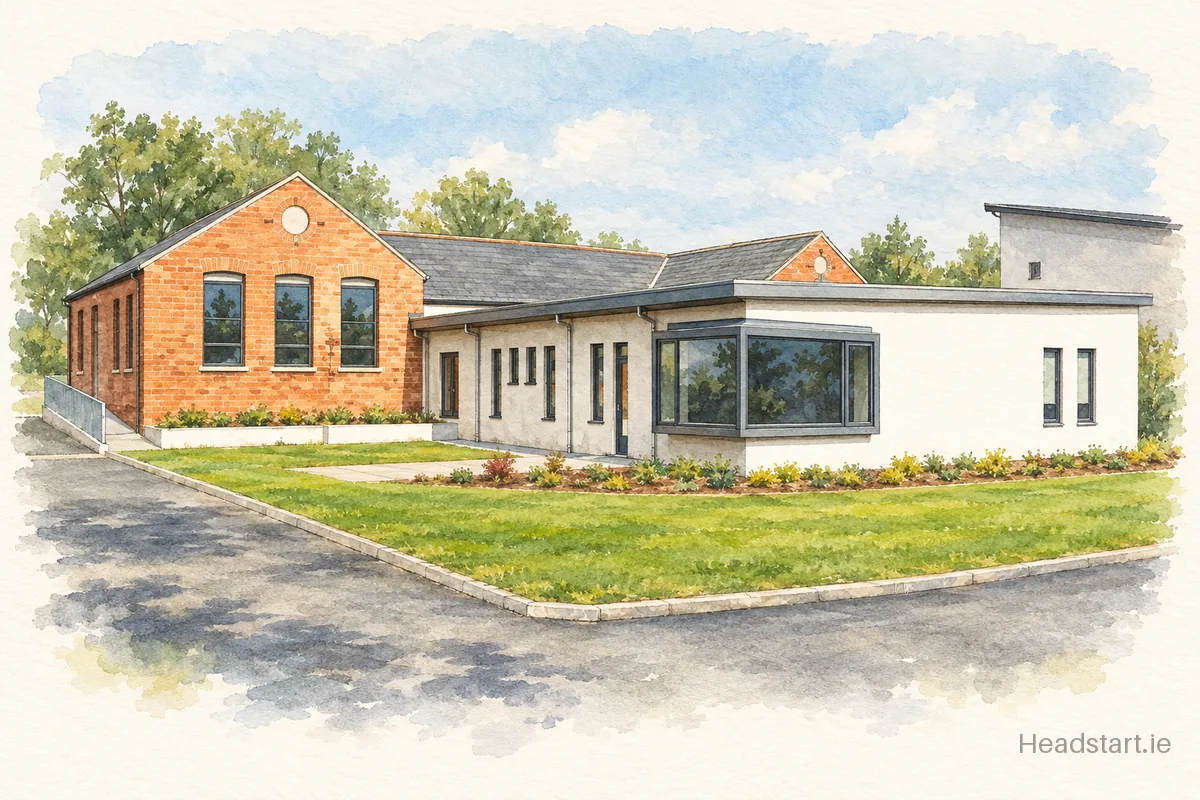 Watercolour illustration of the Bunscoil Loreto building, Gorey