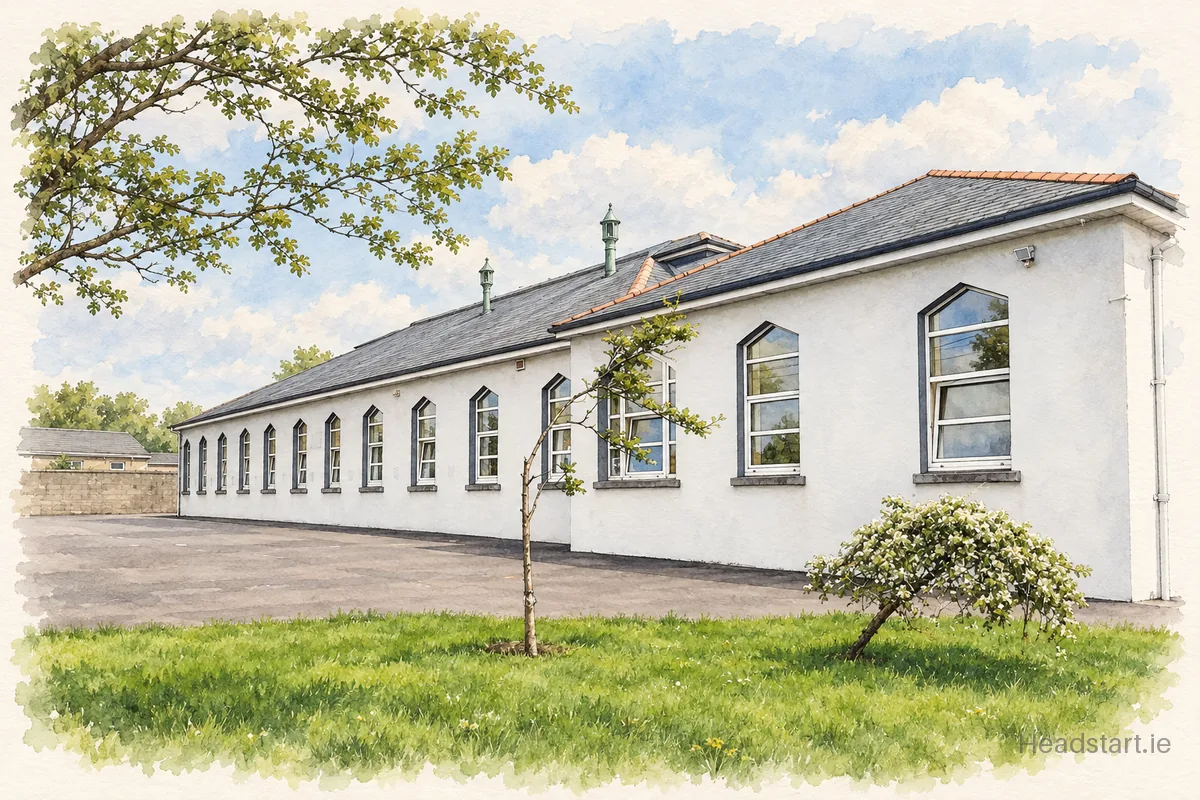 Watercolour illustration of the Mallow Con National School building, Mallow