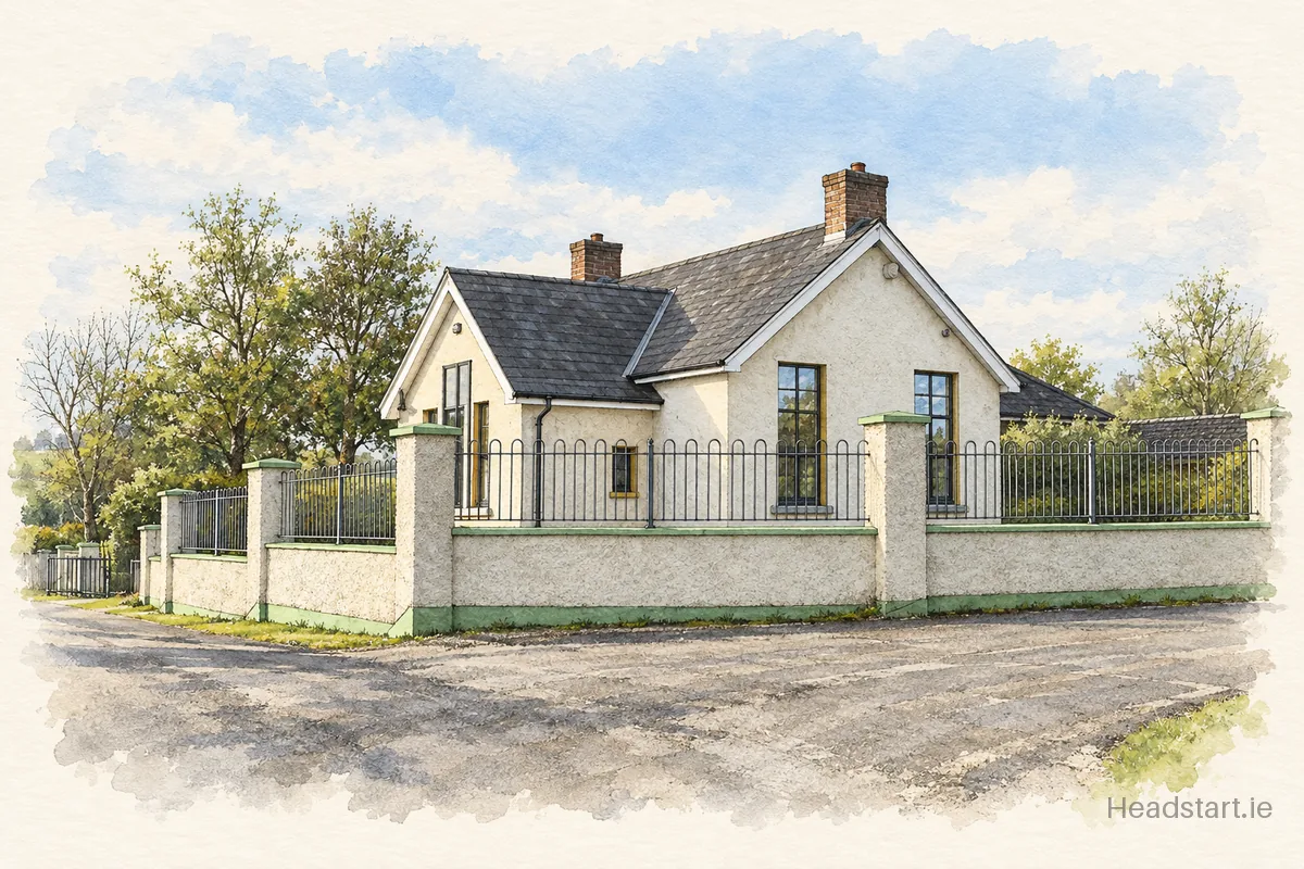Watercolour illustration of the Lisnafunchin National School building, Castlecomer