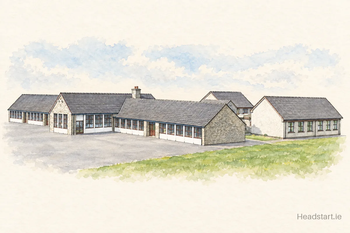 Watercolour illustration of the Bellurgan National School building, Dundalk