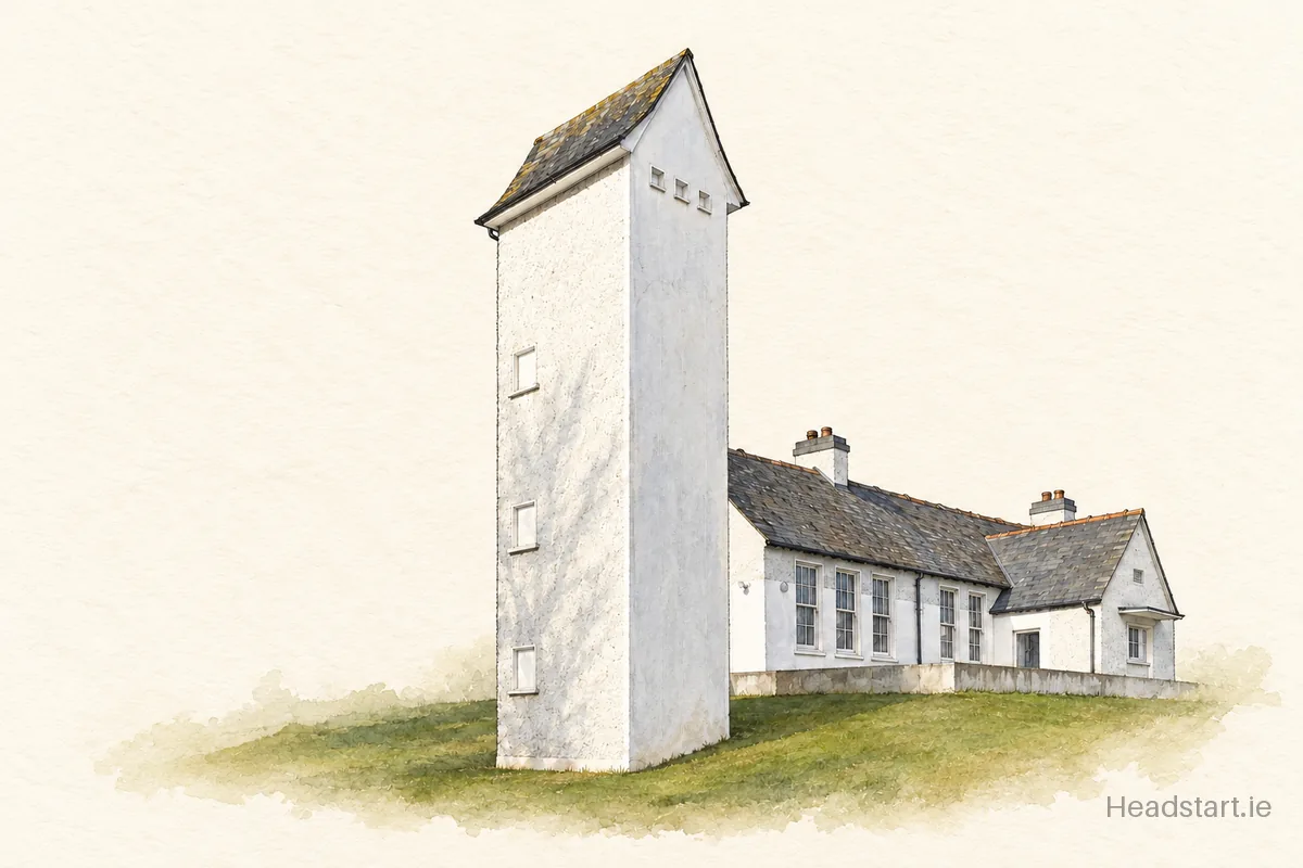Watercolour illustration of the Carrig National School building, Nenagh