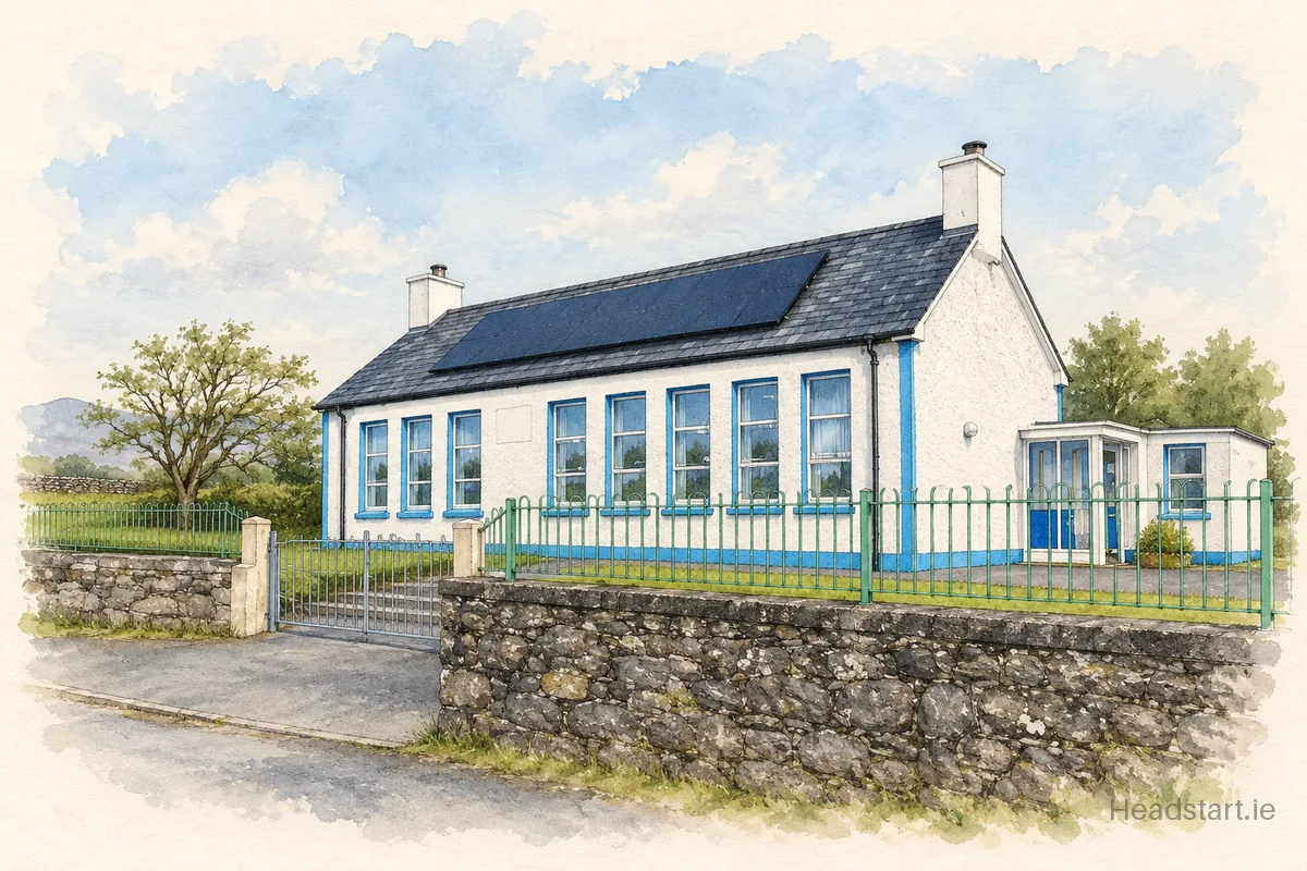 Watercolour illustration of the Scoil Choluim building, Letterkenny