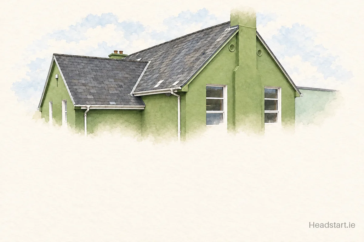 Watercolour illustration of the Scoil Náisiúnta Naomh Gobnait building, Tralee