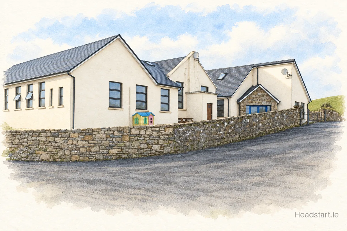 Watercolour illustration of the St Johns National School building, Swinford