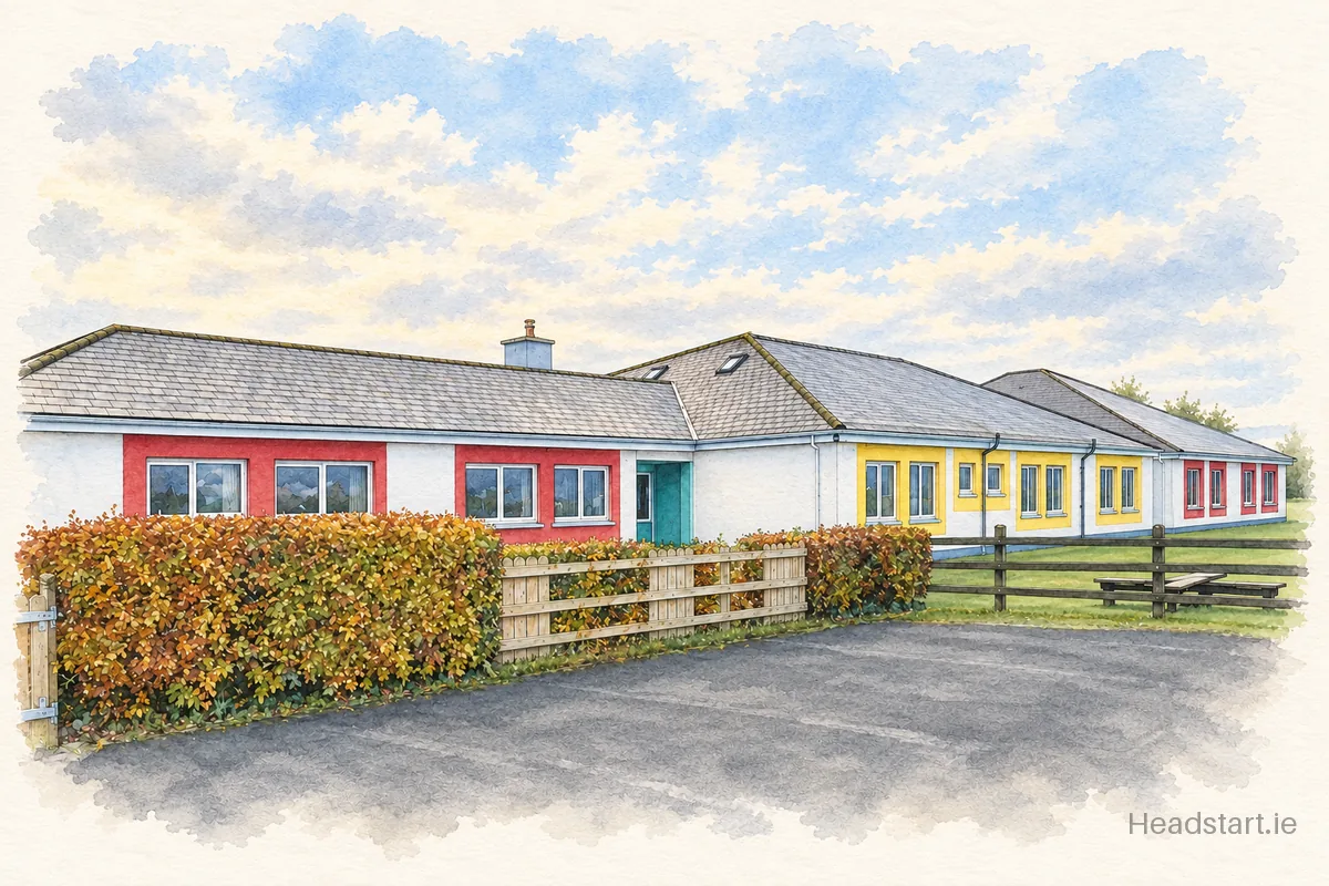 Watercolour illustration of the St Brigids National School building, Curragh