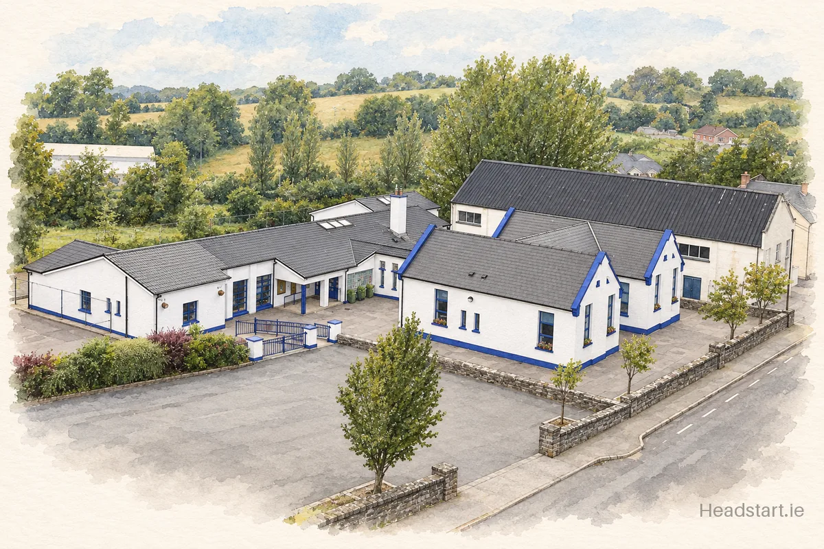 Watercolour illustration of the St Marys National School building, Arva