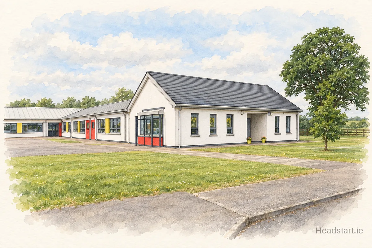Watercolour illustration of the Scoil Bhríde building, Nurney