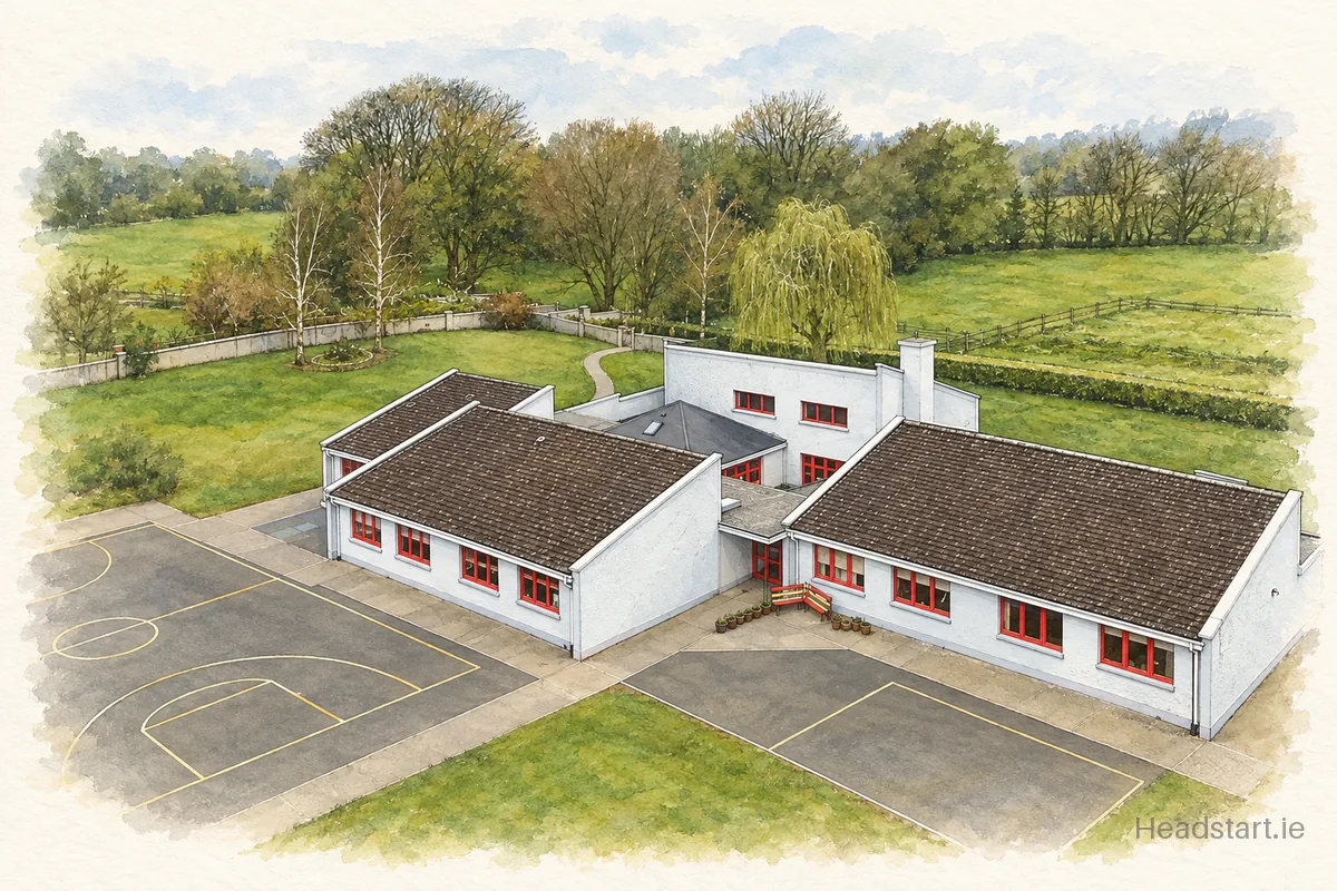 Watercolour illustration of the St Ciarans Mixed National School building, Ballycumber