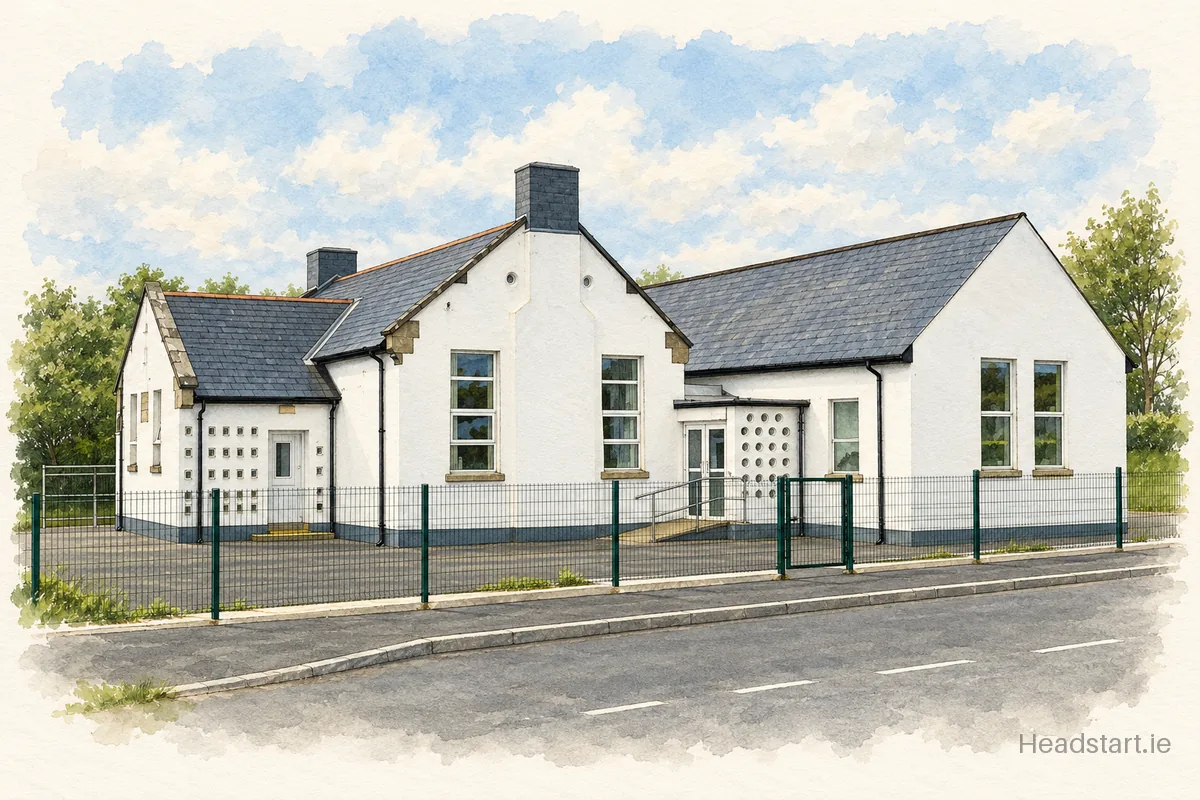 Watercolour illustration of the St Davadogs National School building, Letterkenny