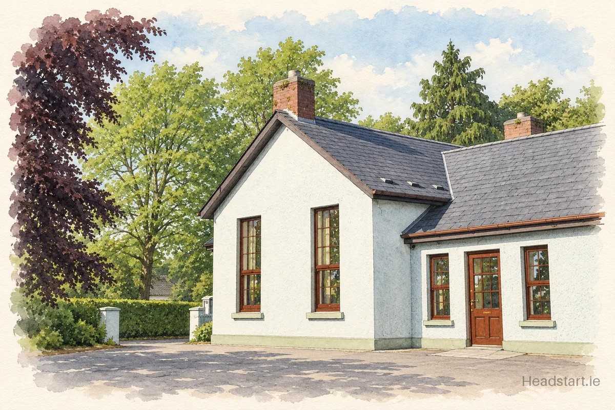 Watercolour illustration of the Scoil Naomh Pio building, Navan