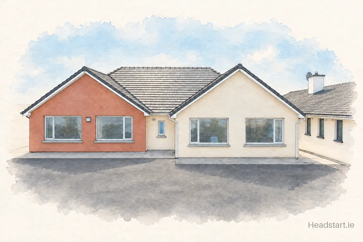 Watercolour illustration of the Kilrane National School building, Rosslare Harbour