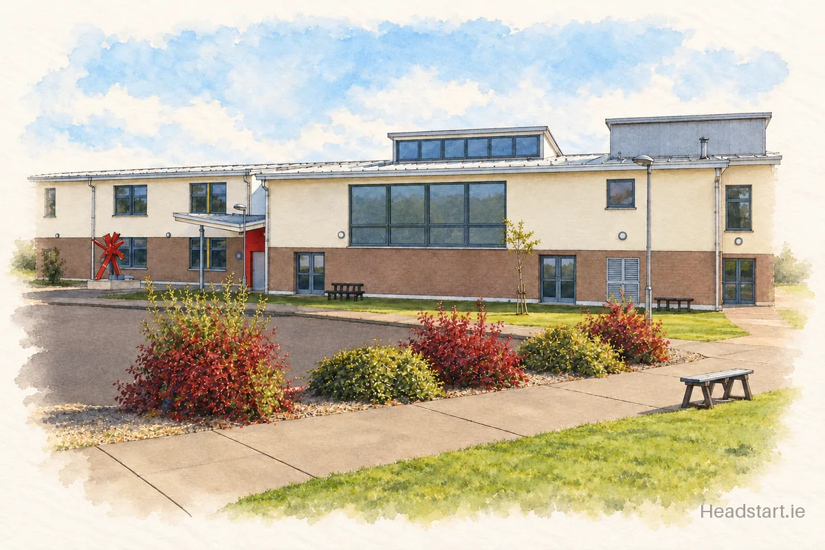 Watercolour illustration of the Clonmany Mixed National School building, Lifford