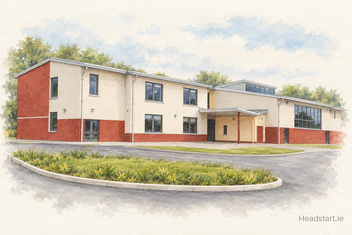 Watercolour illustration of the St. Nicholas Primary School building, Longwood