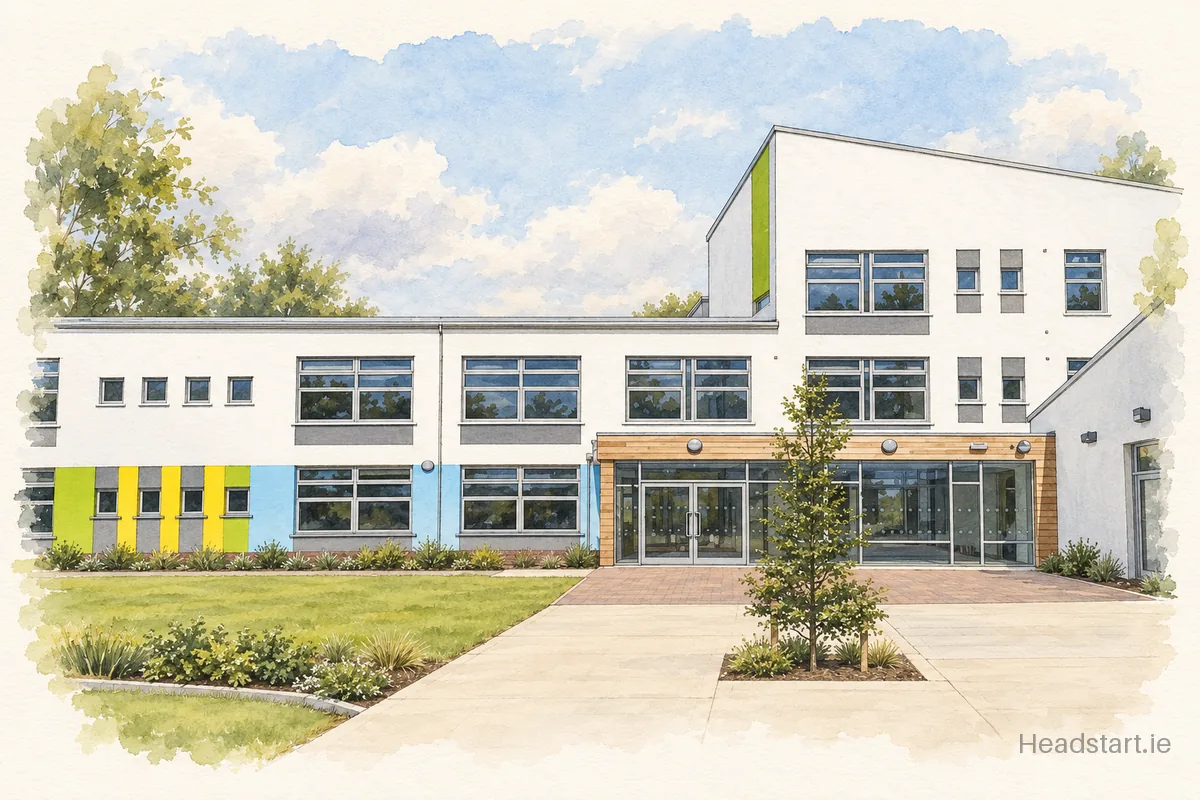 Watercolour illustration of the St. Lukes National School building, Tyrellstown