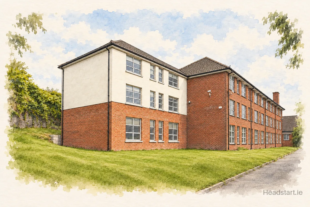 Watercolour illustration of the Scoil Cholmcille Cbs building, Cork (northside)