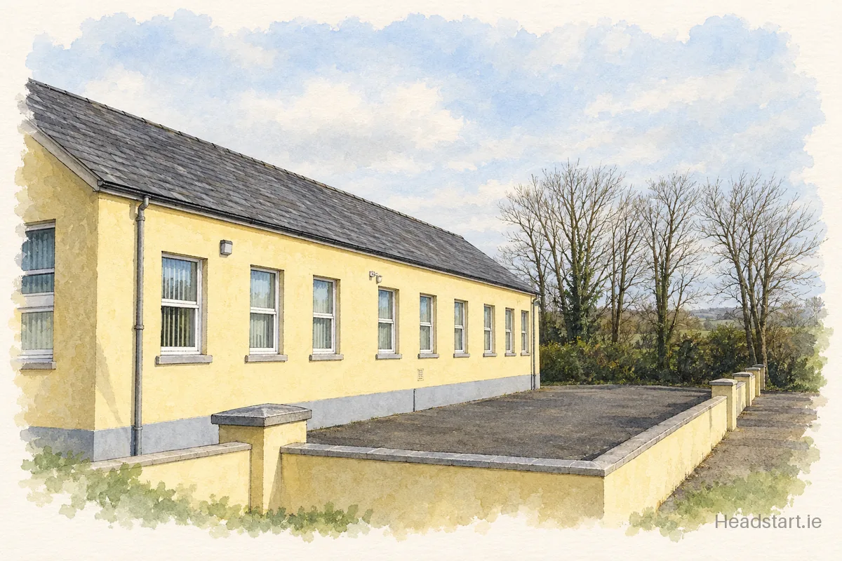 Watercolour illustration of the Kill National School building, Kilmacthomas
