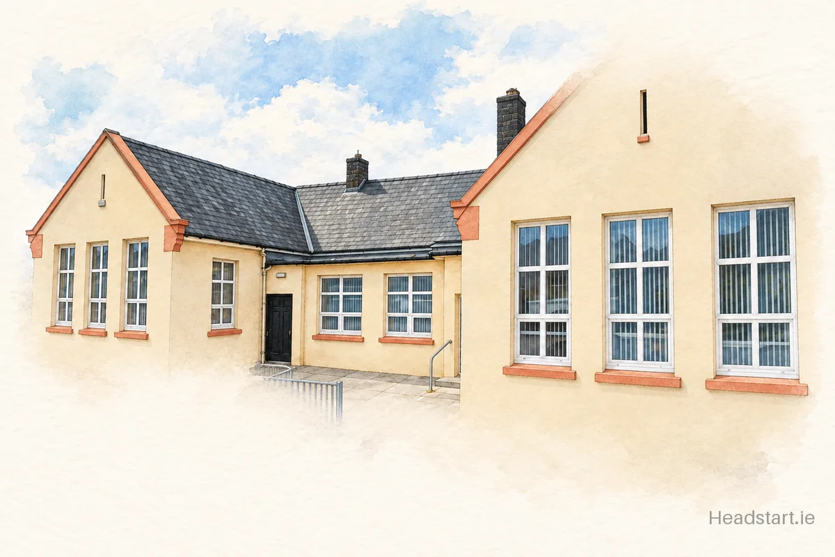 Watercolour illustration of the Kilmeedy National School building, Limerick