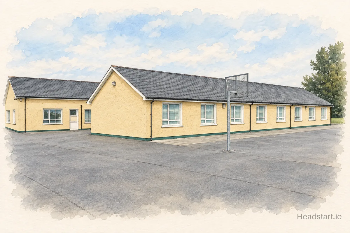 Watercolour illustration of the Scoil Cholmcille building, Newtowncunningham