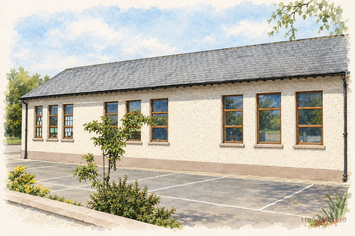 Watercolour illustration of the Oylegate National School. building, Enniscorthy