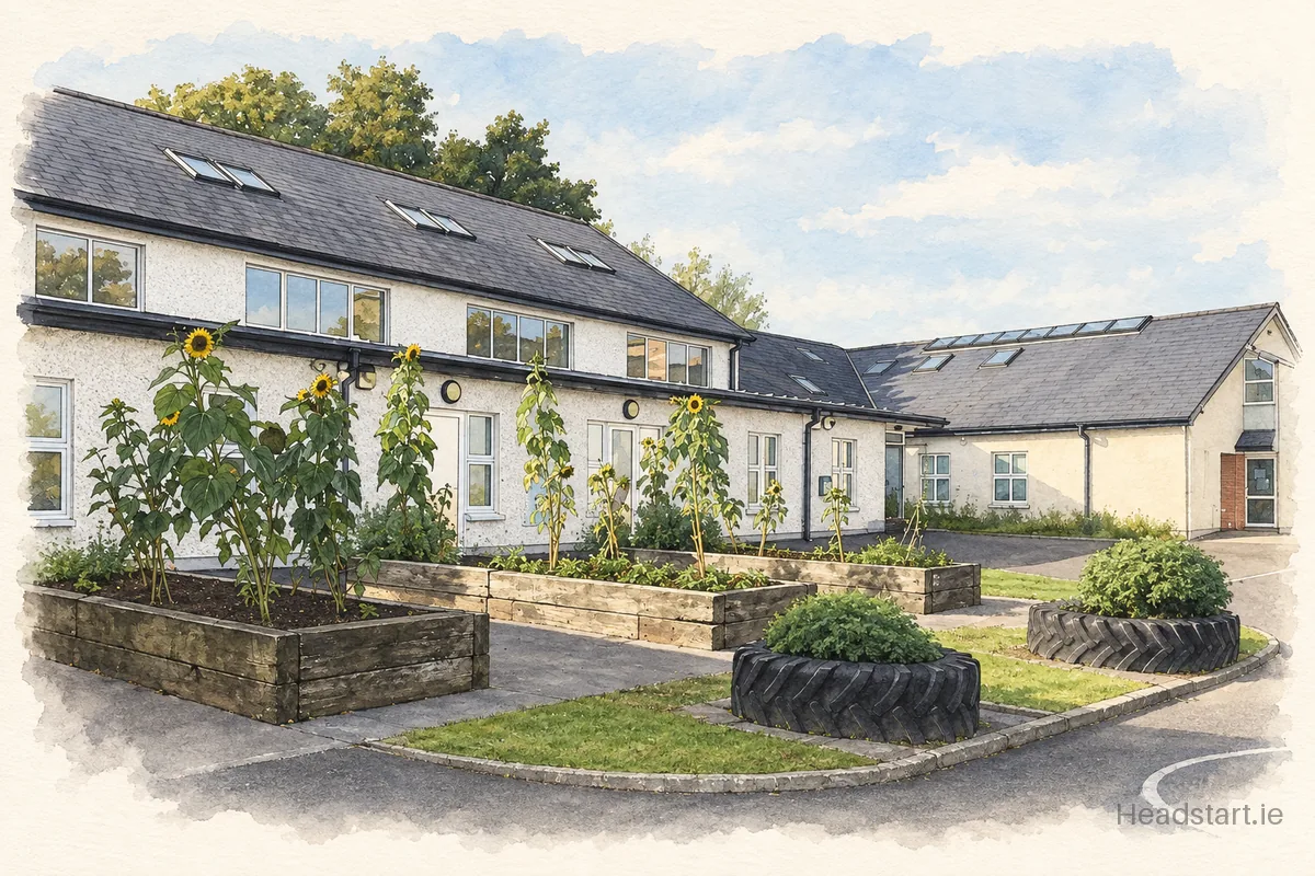 Watercolour illustration of the St.Colmcille's National School building, Mullingar