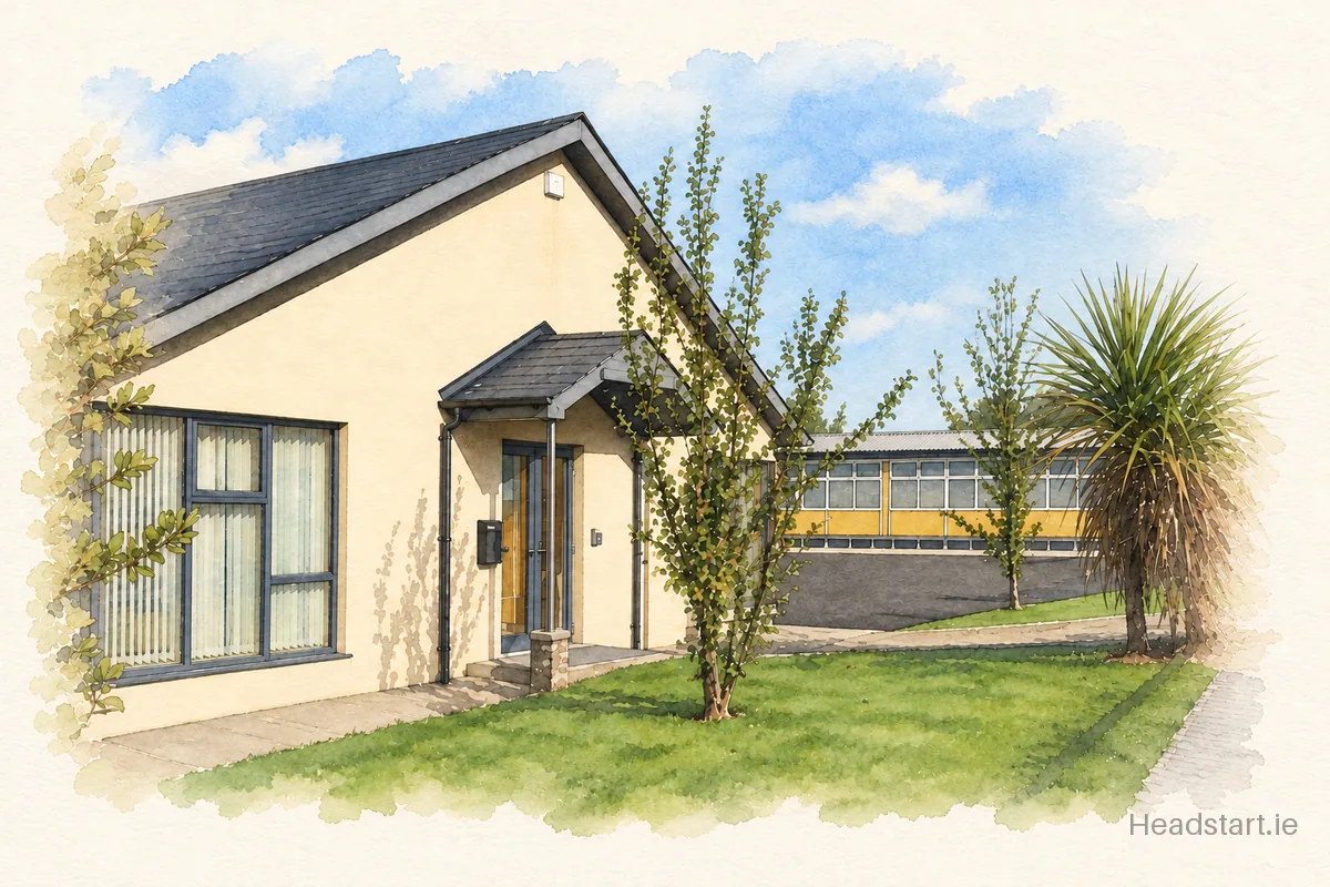 Watercolour illustration of the Scoil Náisiúnta Nmh Brighde building, Enniscorthy