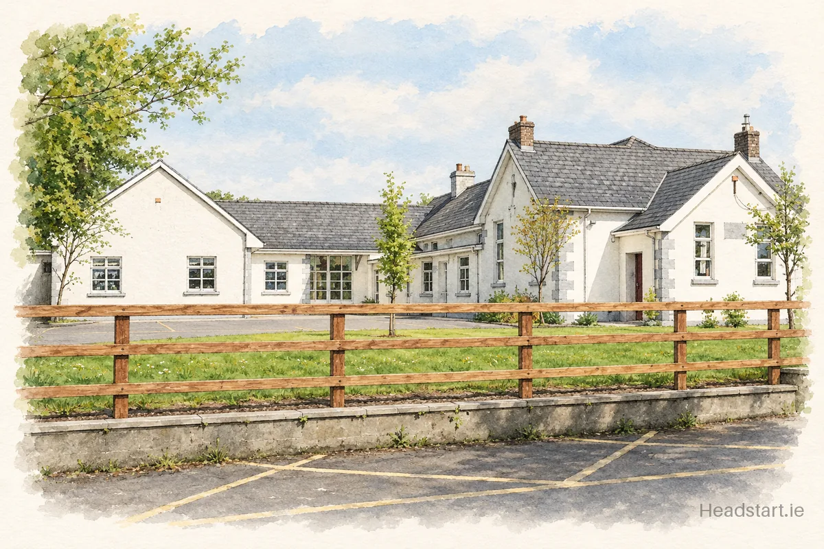 Watercolour illustration of the Rathcoffey National School building, Naas
