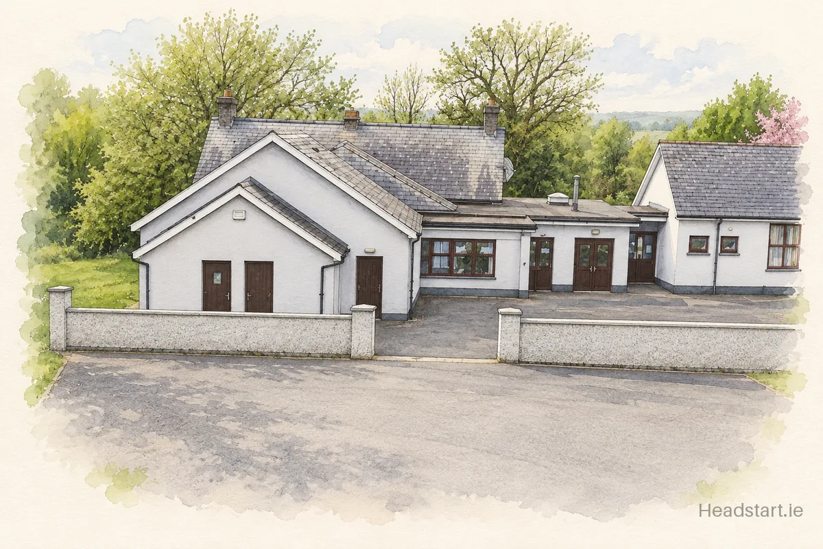 Watercolour illustration of the Scoil Naomh Fiachra (Clontubrid Mixed National School) building, Kilkenny
