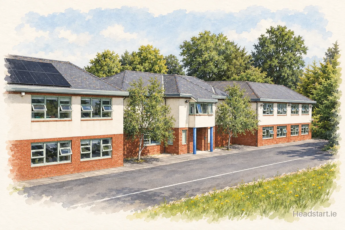 Watercolour illustration of the St Cronans Boys National School building, Bray
