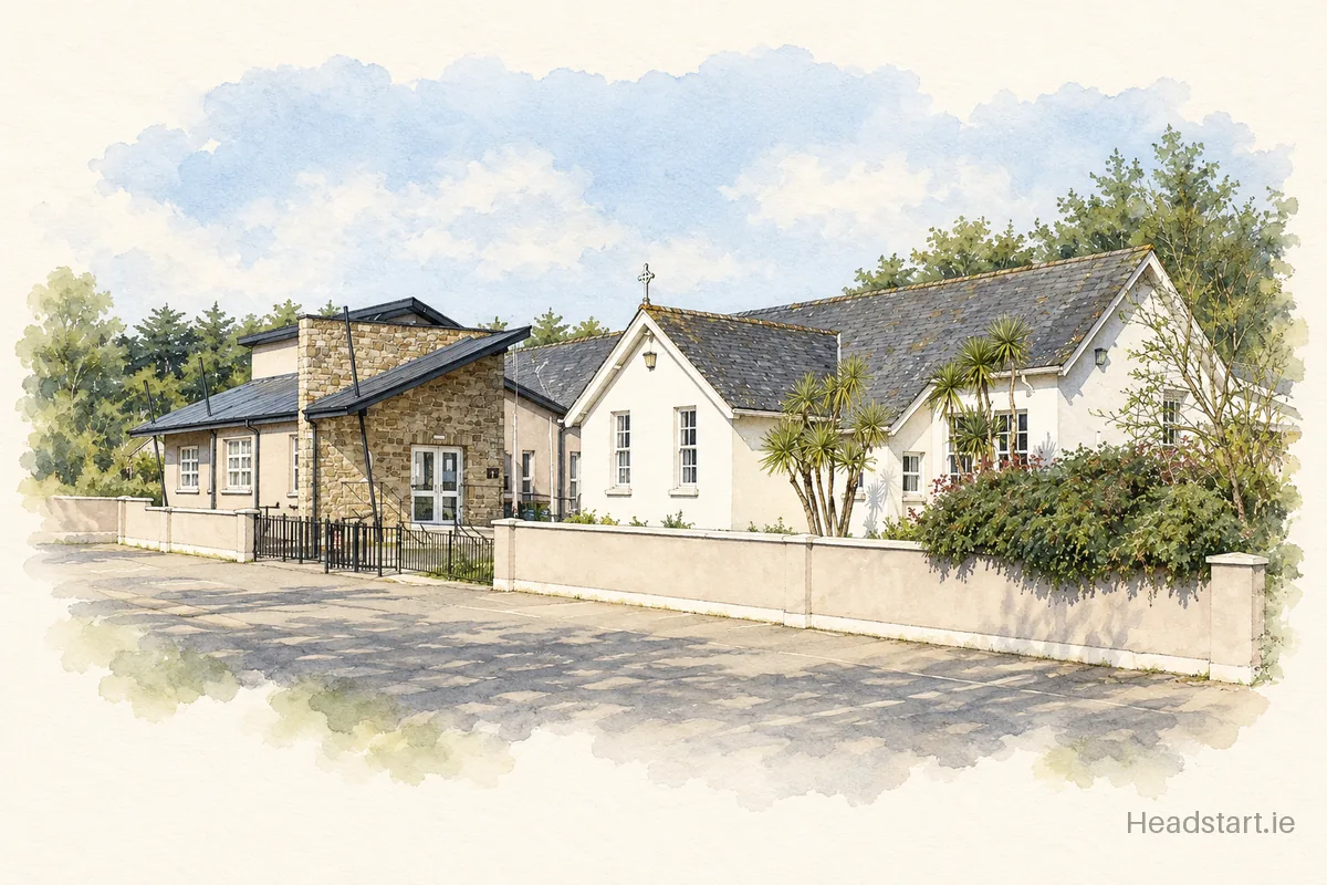 Watercolour illustration of the Rosslare National School building, Rosslare