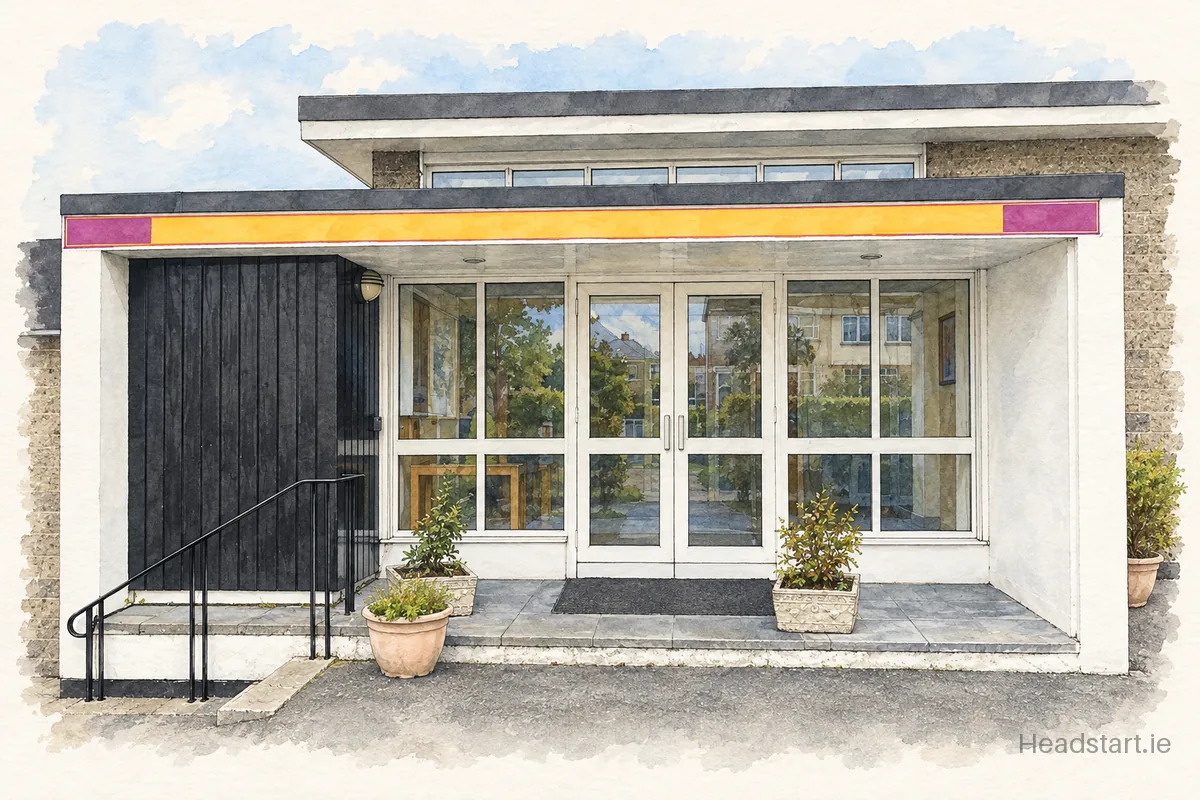 Watercolour illustration of the St Laurences Boys National School building, Stillorgan