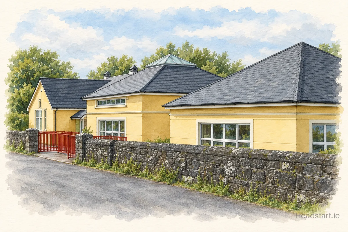 Watercolour illustration of the Caherleaheen National School building, Tralee