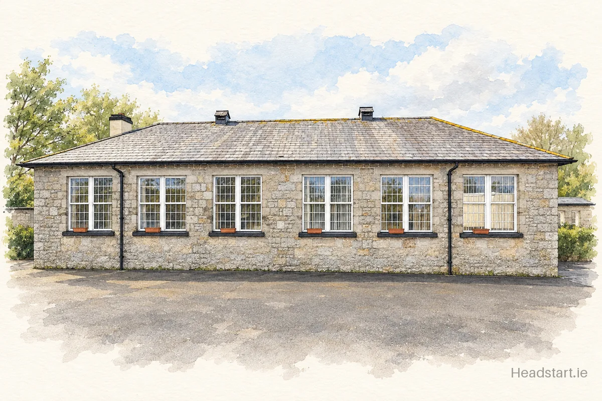 Watercolour illustration of the Fr Cullen Memorial National School building, Carlow