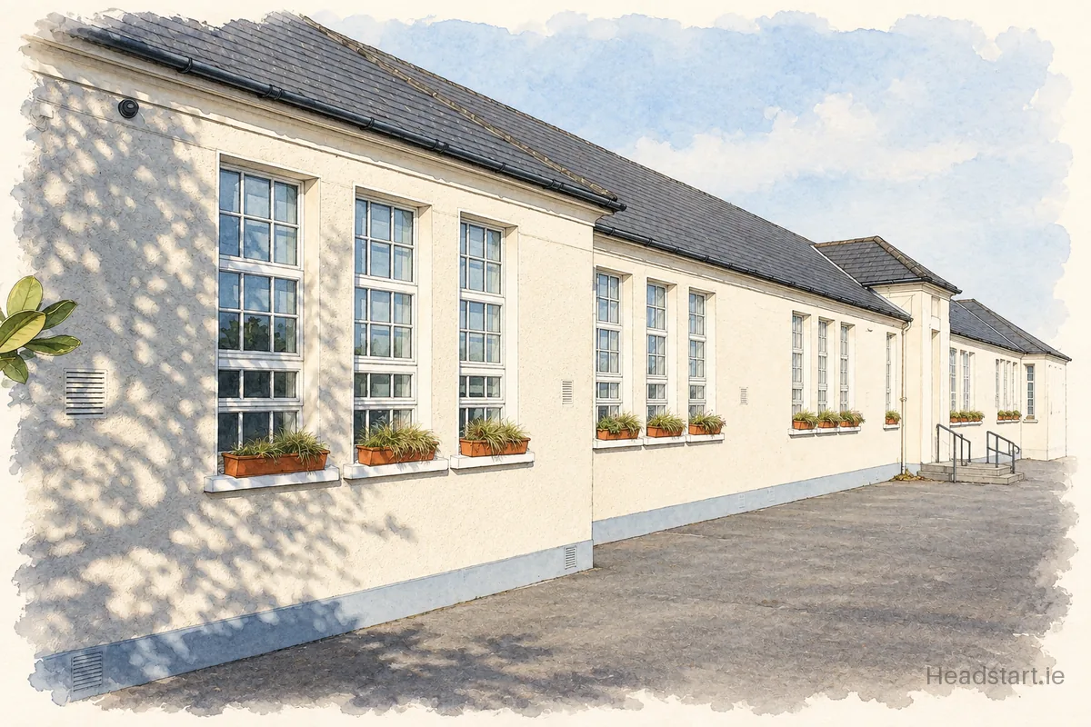 Watercolour illustration of the Claddagh National School building, Galway