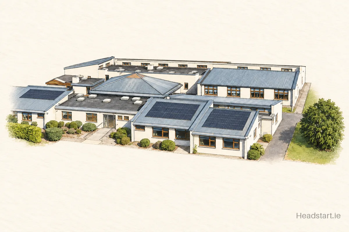 Watercolour illustration of the Parteen National School building, Co. Limerick