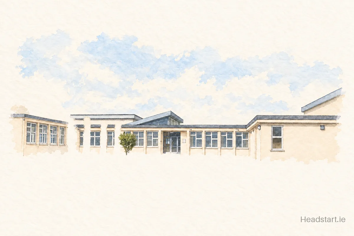 Watercolour illustration of the Scoil Náisiúnta An Fhossa building, Killarney