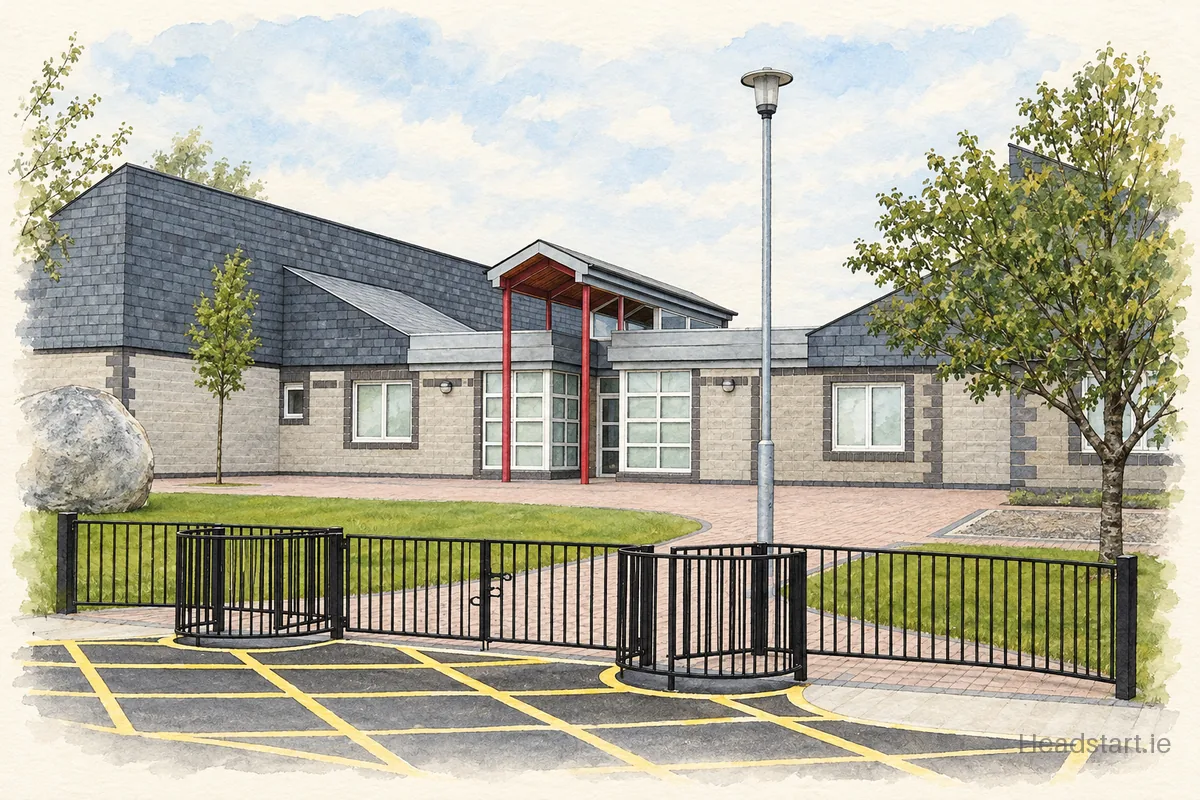 Watercolour illustration of the Scoil Náisiúnta Phadraig building, Crossabeg