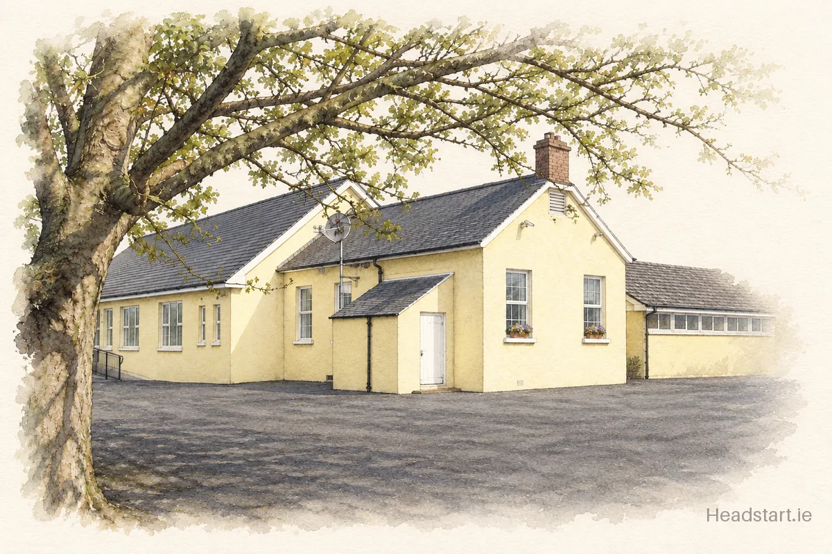 Watercolour illustration of the Scoil Náisiúnta Naomh Cianain building, Ashbourne