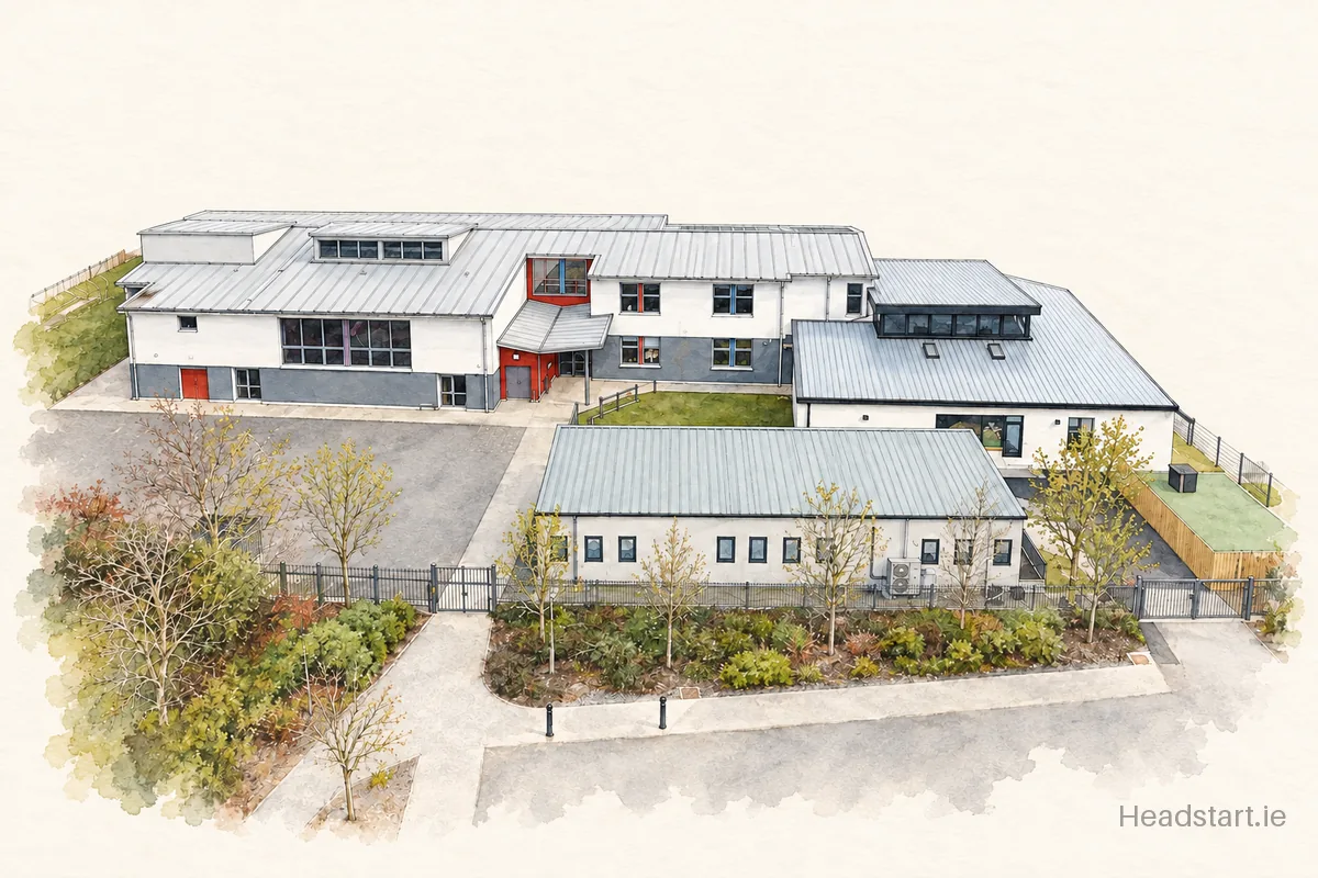 Watercolour illustration of the Scoil Náisiúnta Naomh Colmchille building, Letterkenny
