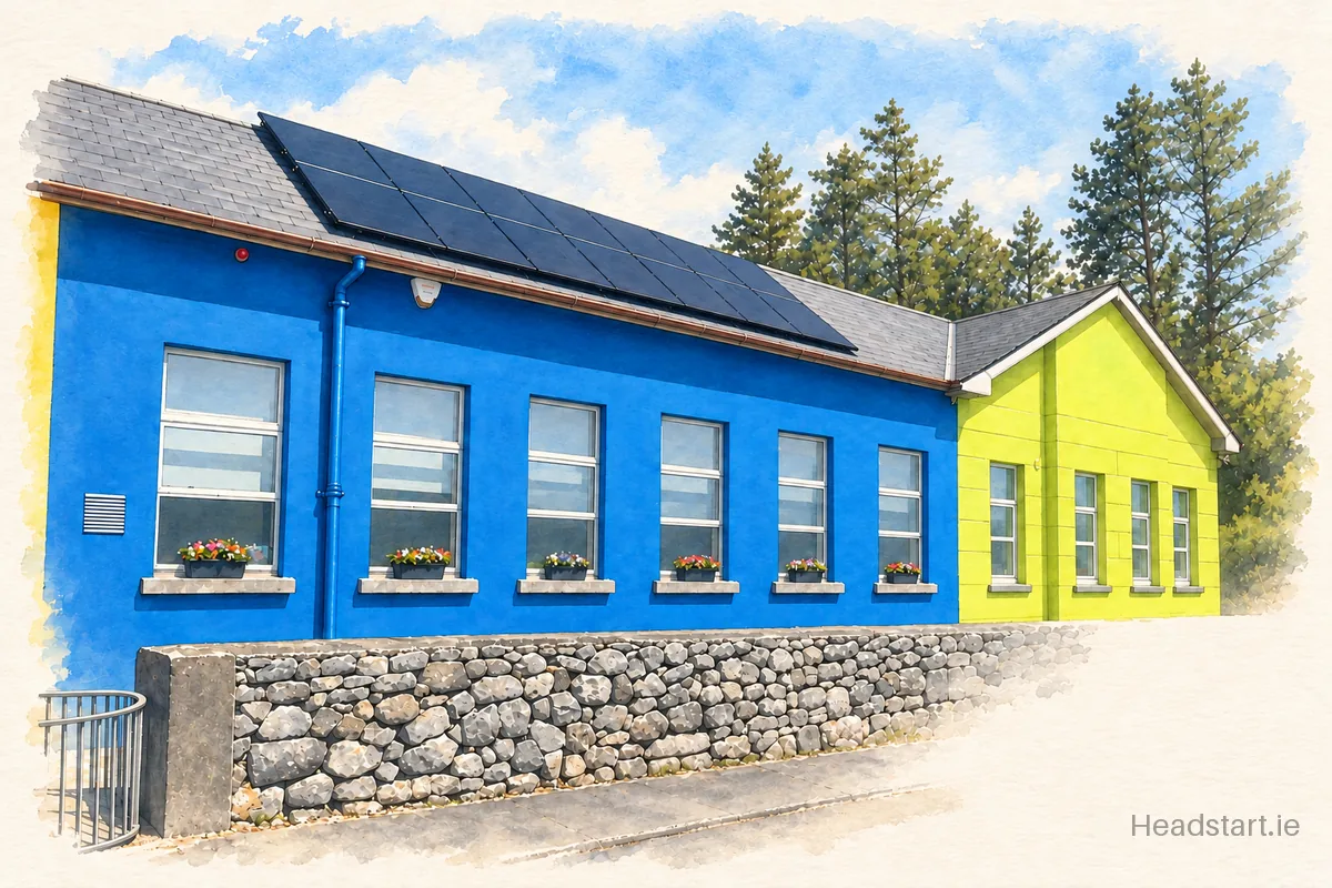 Watercolour illustration of the Coldwood National School building, Galway