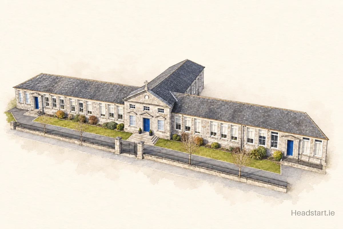 Watercolour illustration of the Bishop Foley Memorial School building, Carlow
