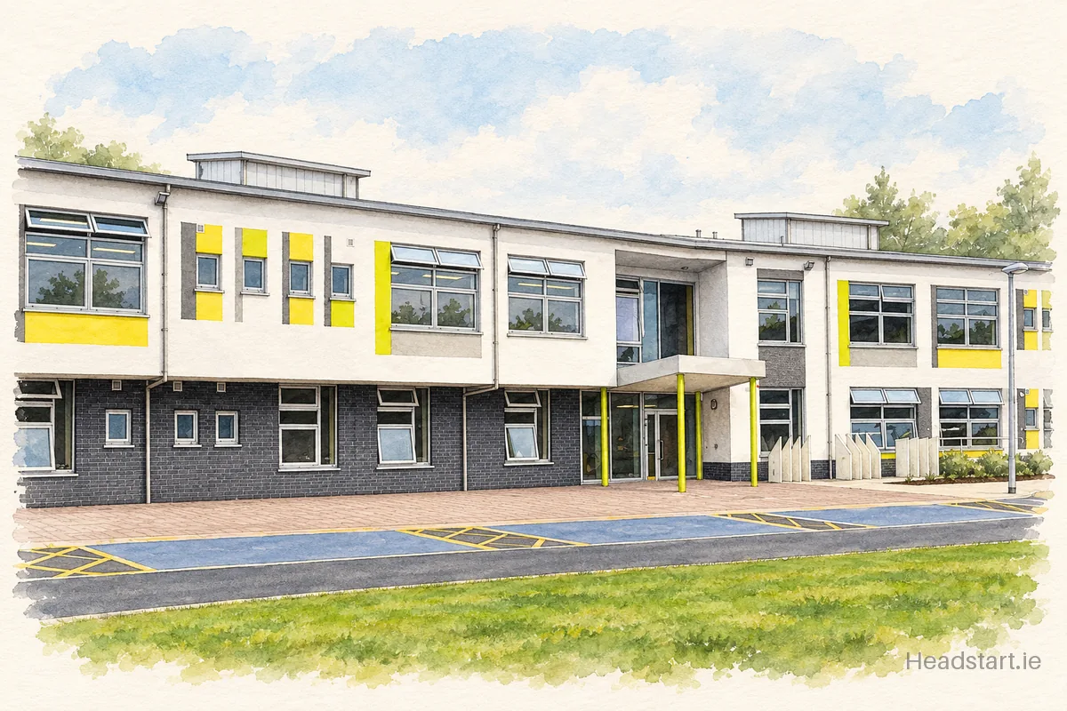 Watercolour illustration of the Scoil Náisiúnta Naomh Mhuire building, Saggart