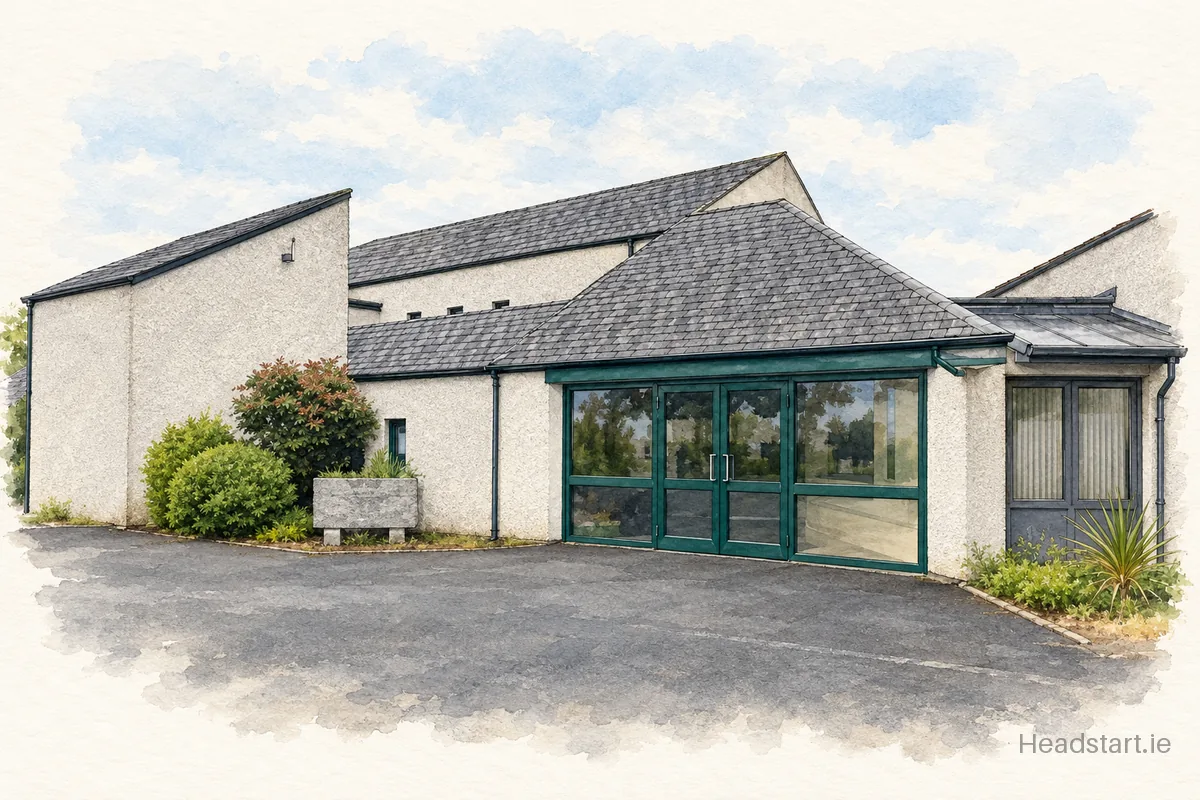 Watercolour illustration of the Scoil Náisiúnta Muire building, Blessington