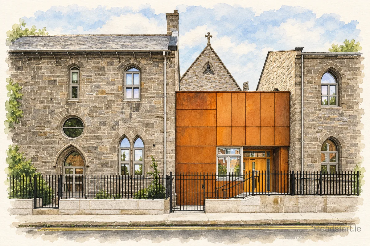 Watercolour illustration of the St. Laurence O'toole's C.B.S. building, Dublin 1