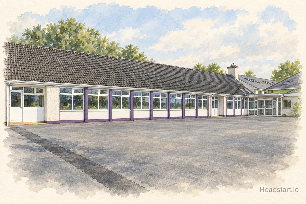Watercolour illustration of the Balla National School building, Castlebar