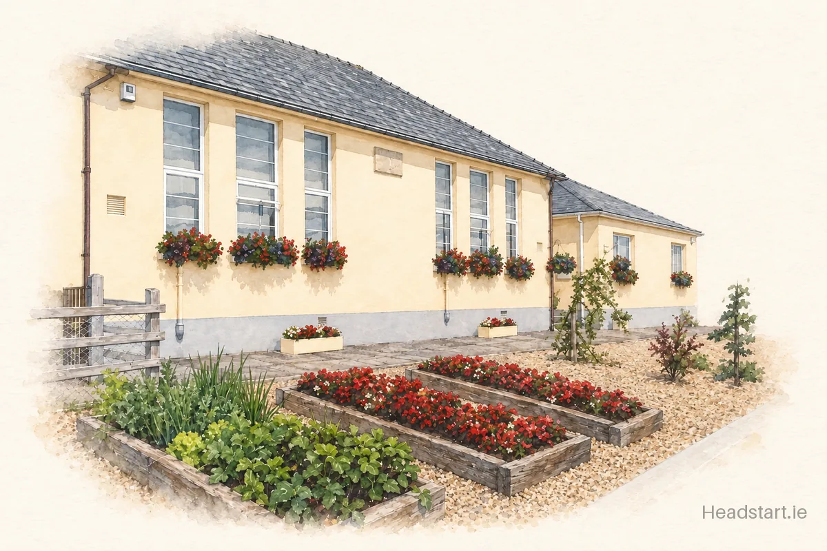 Watercolour illustration of the Differeen National School building, Manorhamilton